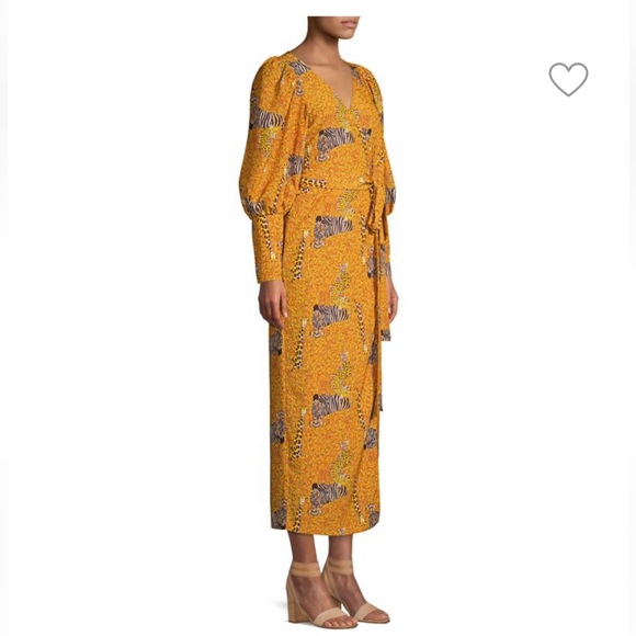 Rhode Aspen Serengeti Yellow Puff Sleeve Animal Print Zebra Wrap MIDI Dress - Picture 9 of 14